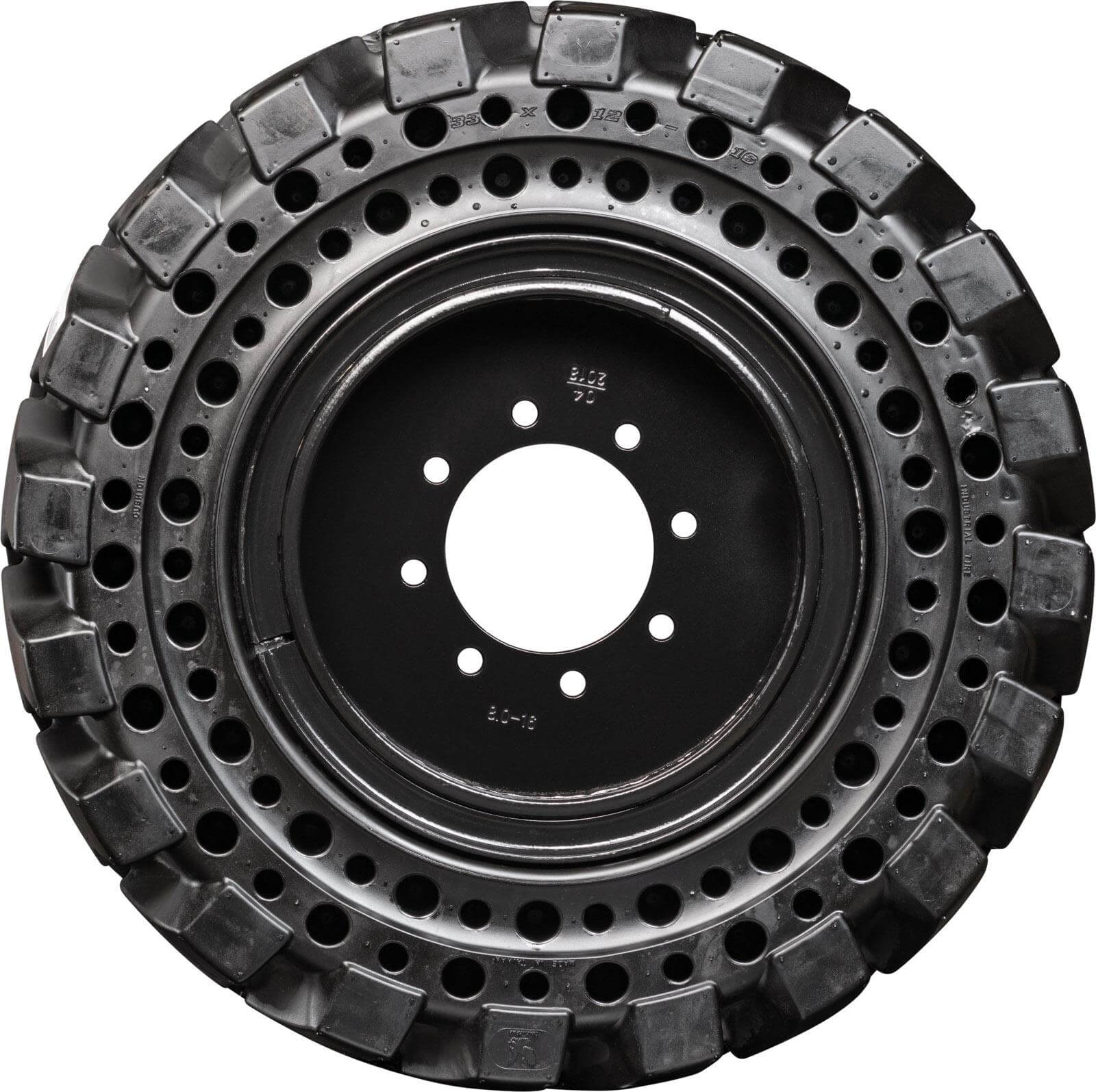 set of 4 33x12-16 (12-16.5) heavy duty traxter solid rubber skid steer tires - 8x10.75 bolt rim