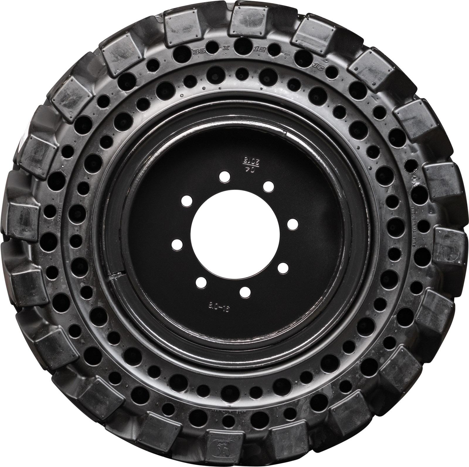 set of 4 33x12-16 (12-16.5) traxter heavy duty solid rubber skid steer tires - 8x10.75 bolt rim