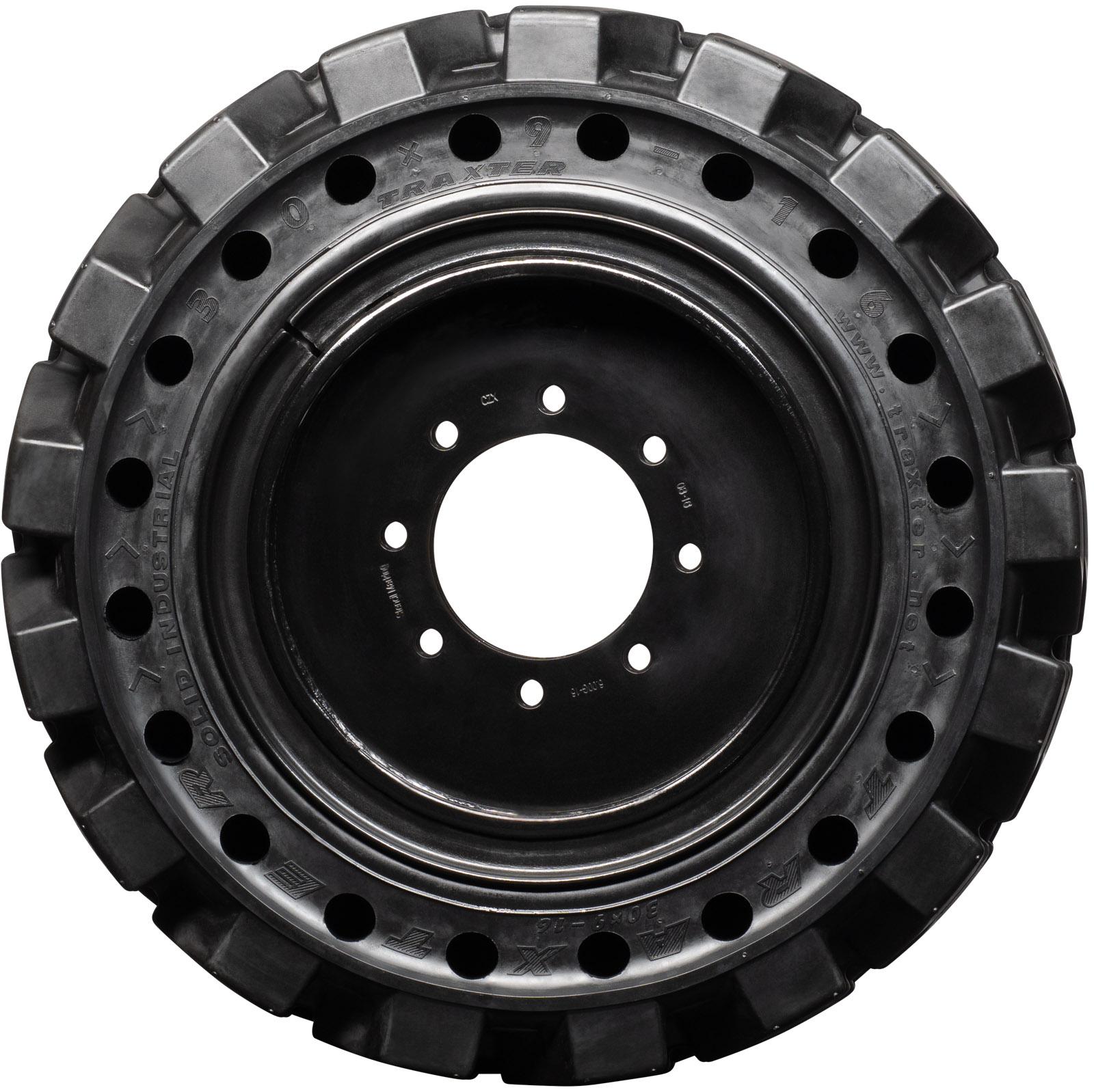 set of 4 30x9-16 (10-16.5) traxter heavy duty solid rubber skid steer tires - 8x8 bolt rim